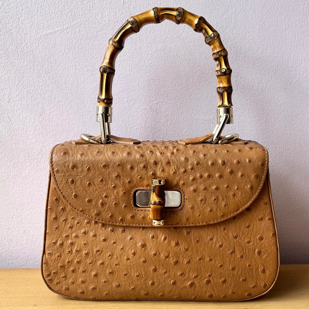 VINTAGE J McLAUGHLIN TAN BROWN OSTRICH LEATHER BAMBOO HANDLE &LOCK PURSE HANDBAG